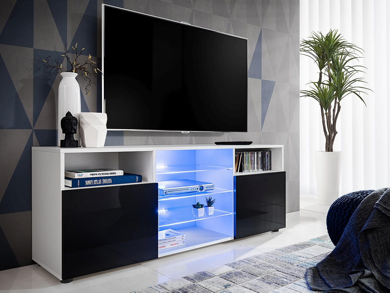 SIDEBOARD TV URBINO Weiß, Blau LED Beleuchtung - Schwarz/Weiß, Glas/Holzwerkstoff (140/53/35cm) - Komodee