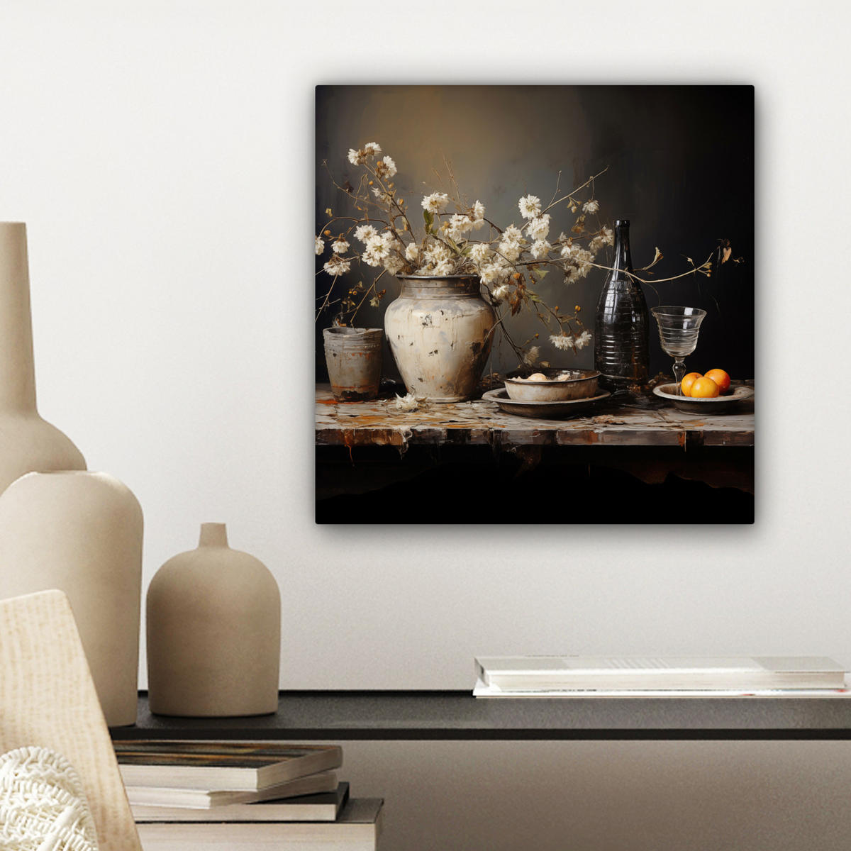 LEINWANDBILD Stilleben - Blumen - Blumenstrauß - Vase - Wein Deko Wohnzimmer 20x20 cm - Schwarz, Textil (20/20cm) - MuchoWow