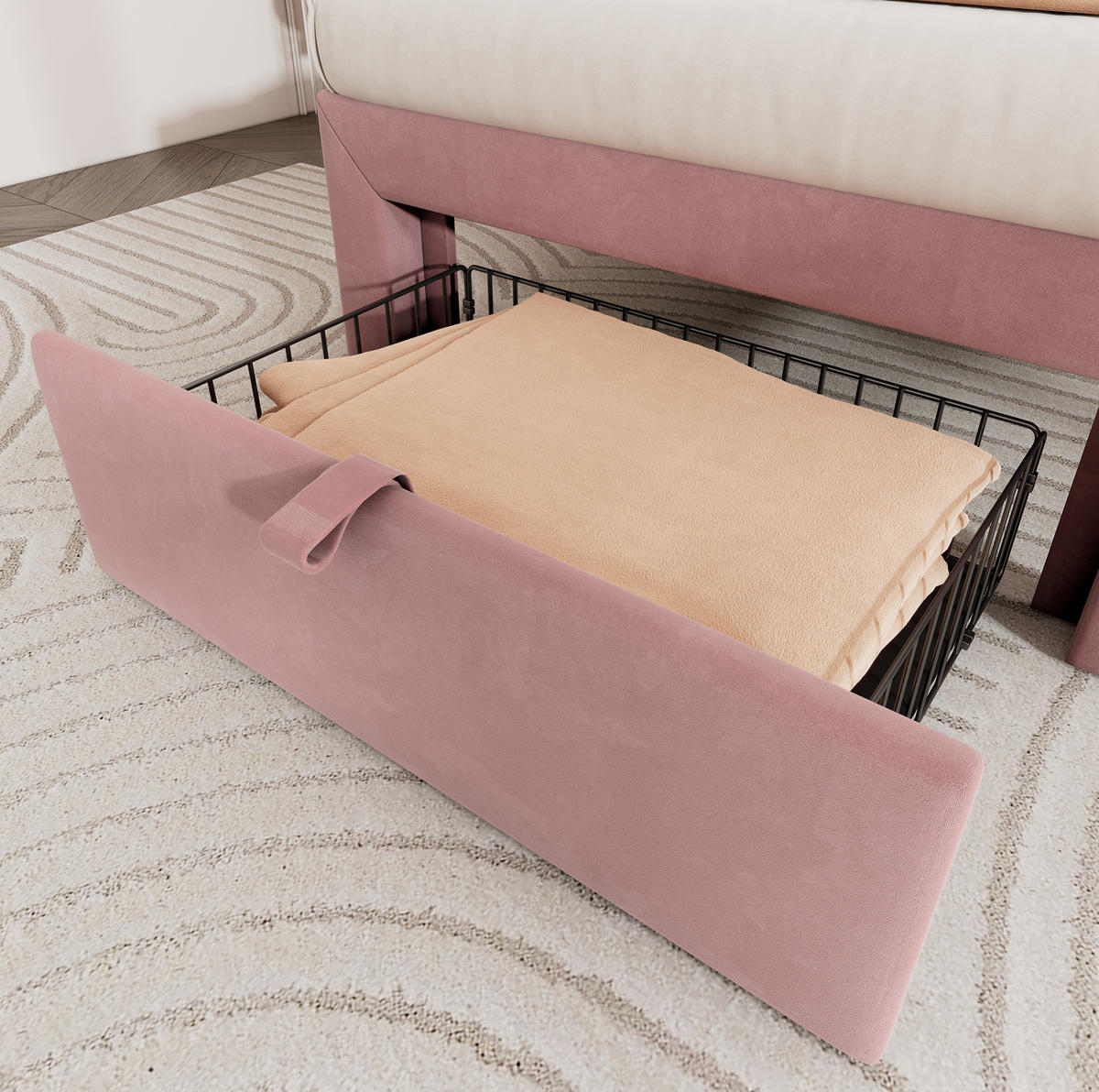 KINDERBETT 90/190 cm aus Samt mit LED-Beleuchtung und Schublade in Rosa - Rosa, Textil (90/190cm) - Flora Grace