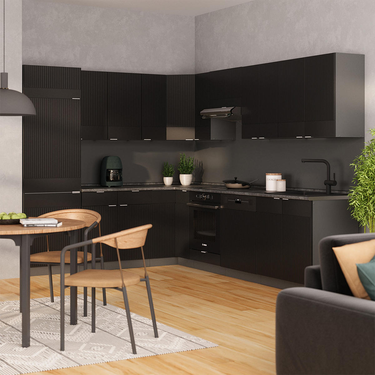 ECKKÜCHE Fame-Line, Schwarz gestreift/Anthrazit, 227 x 287 cm, AP Anthrazit - Anthrazit/Schwarz, Holzwerkstoff (287/81.6/60cm) - Vicco