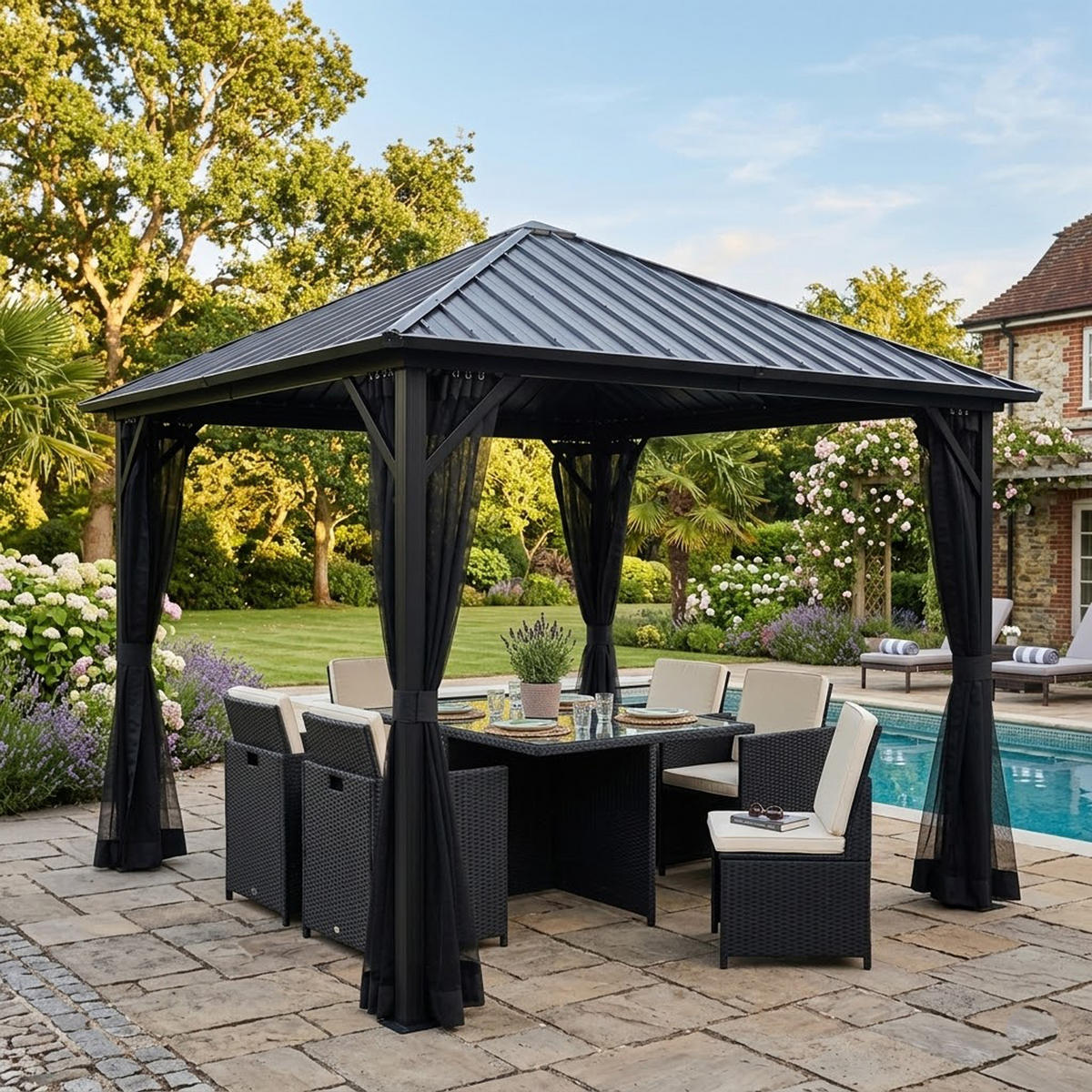 PAVILLON Paisley - 3x3 Meter, Aluminiumgestell 98x98x10mm, pulverbeschichtet. Dach aus Stahlplatten, galvanisier - Grau, Kunststoff (300/275/300cm) - TPFGarden