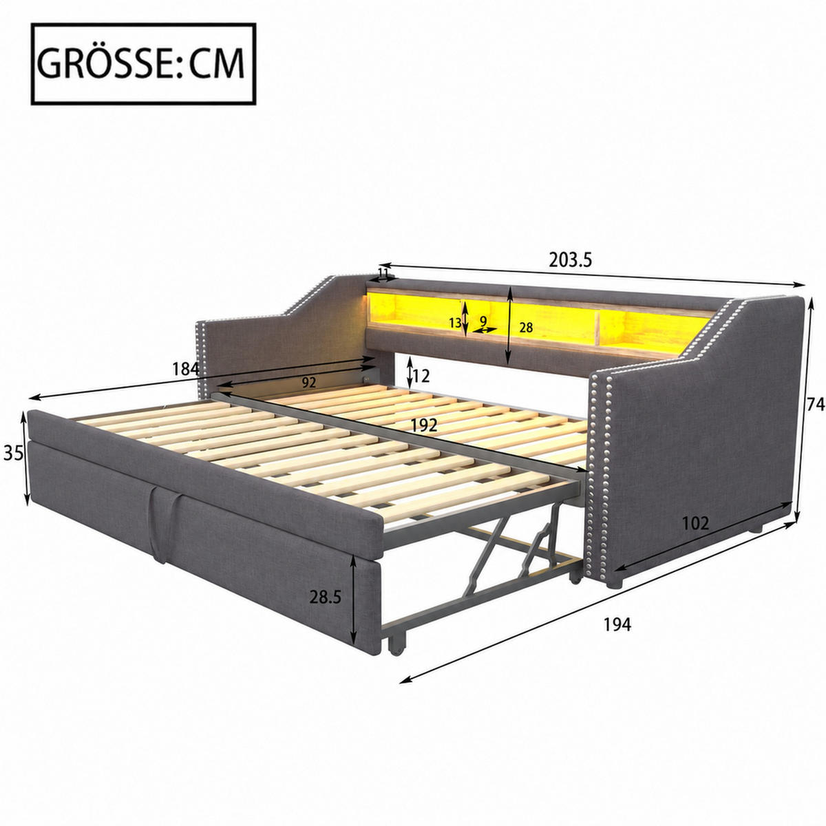 POLSTERBETT 90/190 mit Ausziehbett, LED, USB und Ablagefächern in Dunkelgrau - Dunkelgrau, Holzwerkstoff/Textil (90/190cm) - EVRYAE