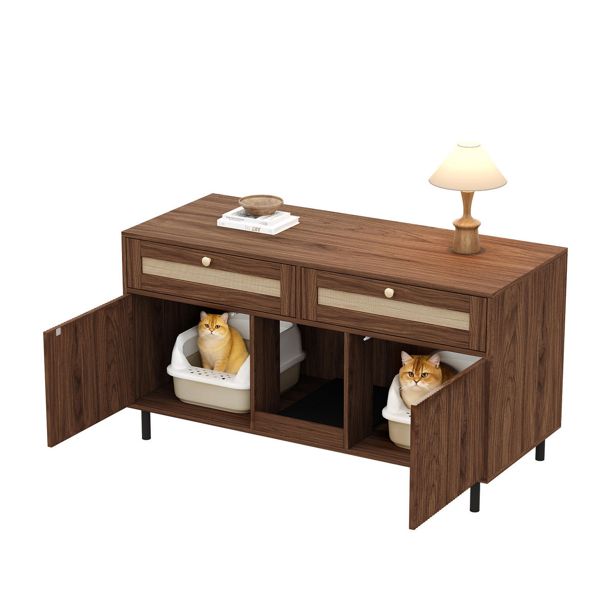 SIDEBOARD Nussbaumfarben 120×50×65 cm, multifunktionaler Katzentoilettenschrank mit Rattan-Details - Nussbaumfarben, Holzwerkstoff (120/65/50cm) - Luhomfu