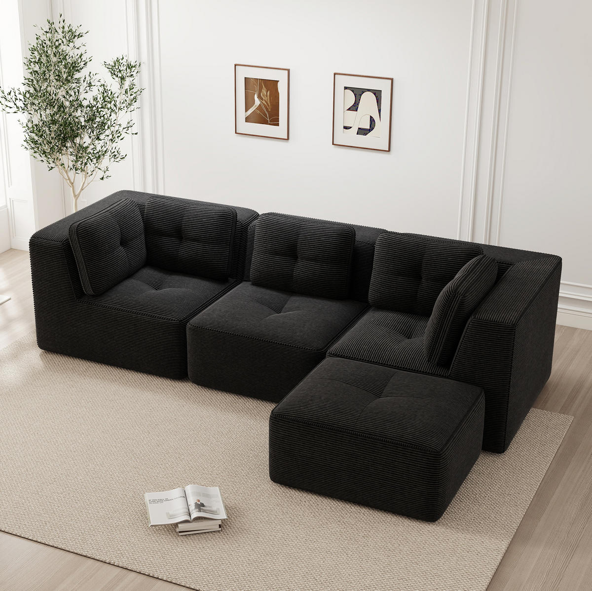ECKSOFA 297/177/69 cm schwarz aus Cord mit modularem Design und tiefer Sitzfläche - Schwarz, Textil (177/297cm) - OKWISH