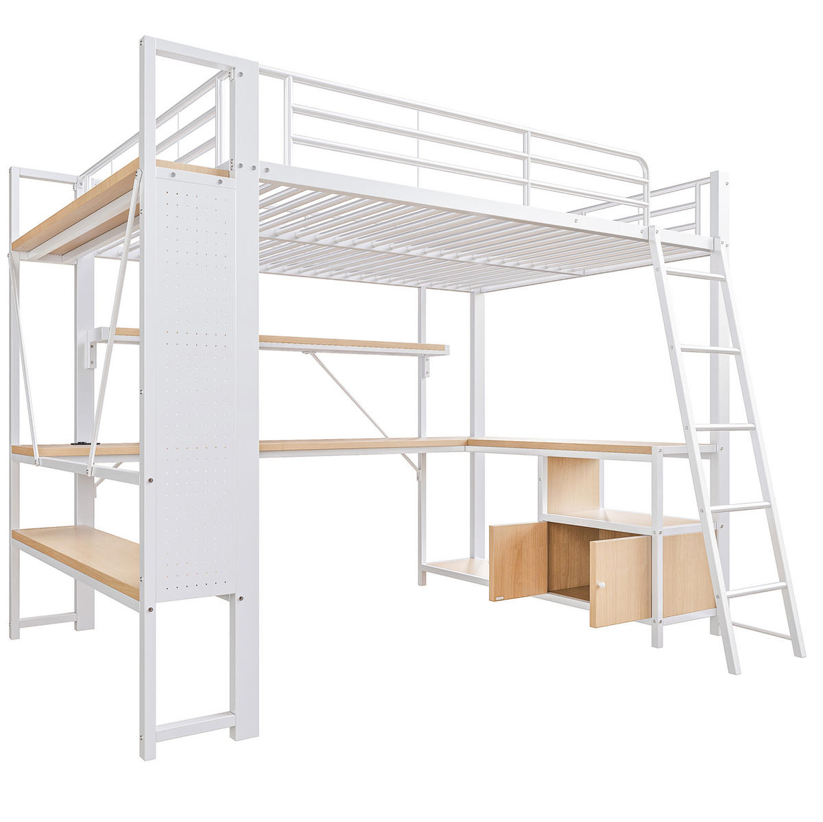 HOCHBETT 140/200 cm Weiß aus Metall mit LED, Schreibtisch und Stauraum - Weiß, Metall (140/200cm) - OKWISH