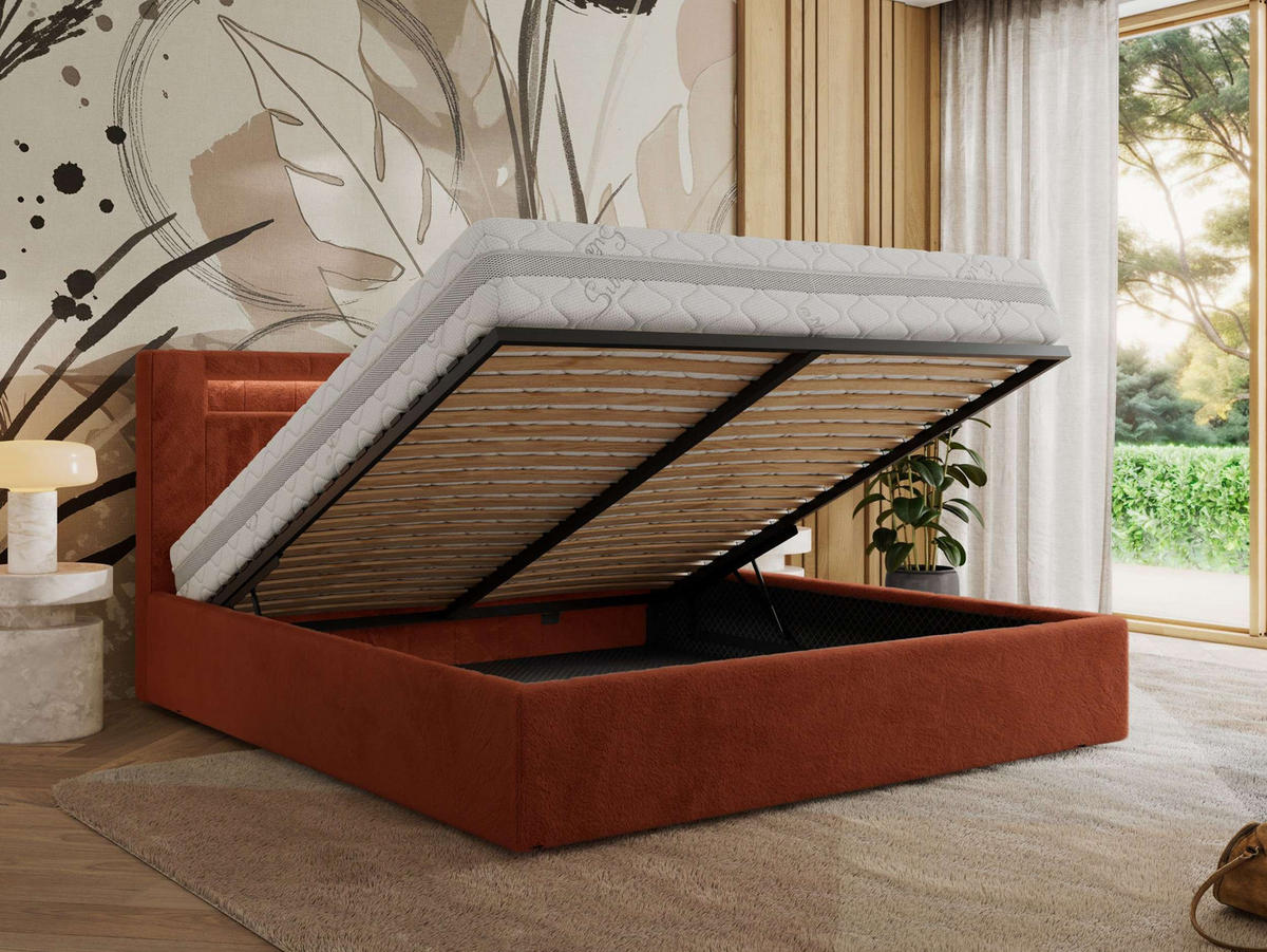 POLSTERBETT GOLD 5 CLASSIC 160/200 - Orange Plüsch - Schaum-Matratze - Orange, Textil (160/200cm) - MKS