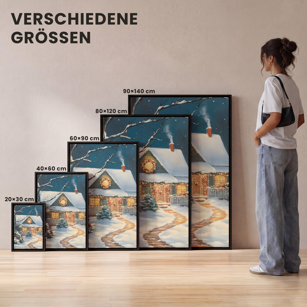 LEINWAND Bilder mit Rahmen - Weihnachten - Weihnachtsbaum - Winter - Zuhause - Schnee - 90x140 - Smaragdgrün, Textil (90/140cm) - MuchoWow