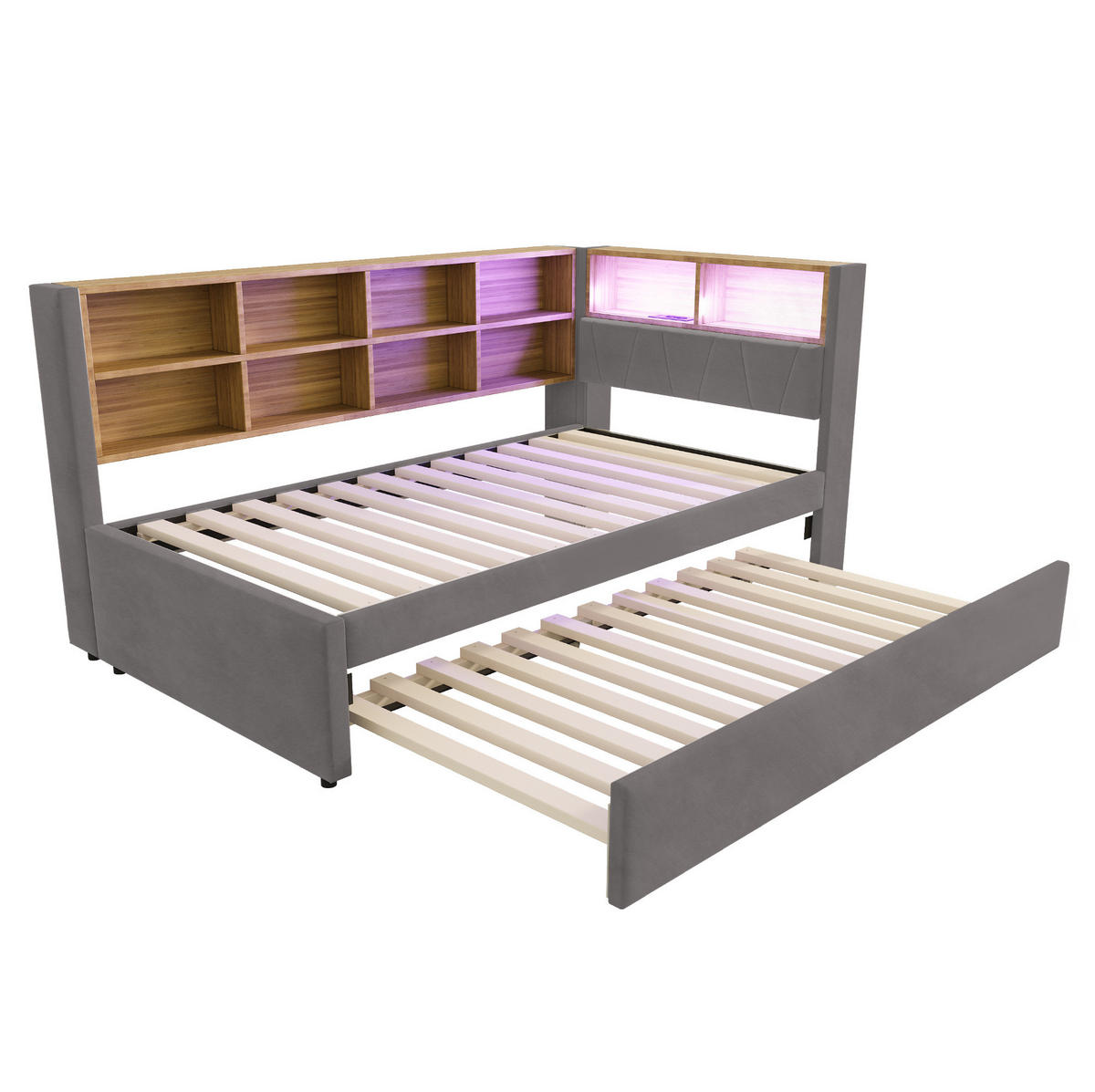 POLSTERBETT 90/200 cm Dunkelgrau mit Stauraum, LED-Beleuchtung und USB/Type-C - Dunkelgrau, Textil (90/200cm) - Flora Grace