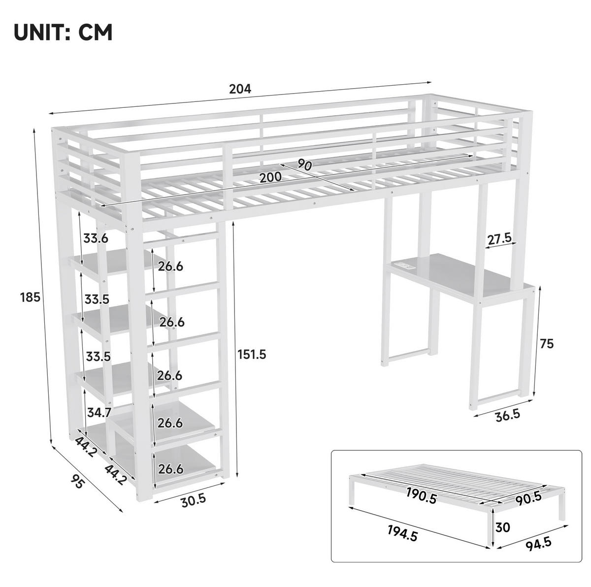 HOCHBETT 90x200 cm in Weiß mit Schreibtisch, Regalen und Kleideraufbewahrung - Weiß, Holzwerkstoff (90/200cm) - IVMEU