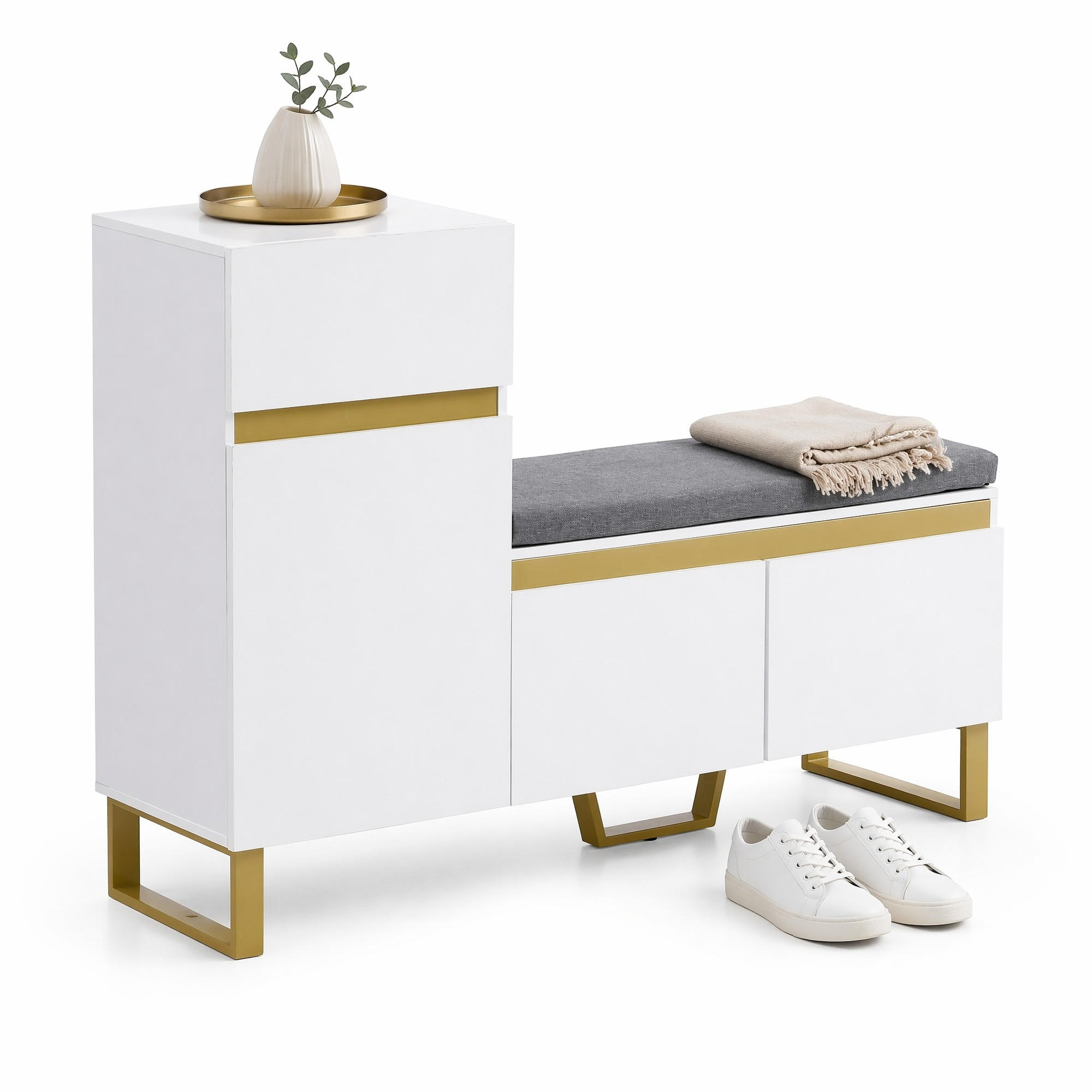 SCHUHSCHRANK in Weiß mit großem Fassungsvermögen, mehrstöckigem Stauraum und Schubladen für Flur, B120/T35/H85 cm - Goldfarben/Weiß, Holz/Holzwerkstoff (120/80/35cm) - STILVORA