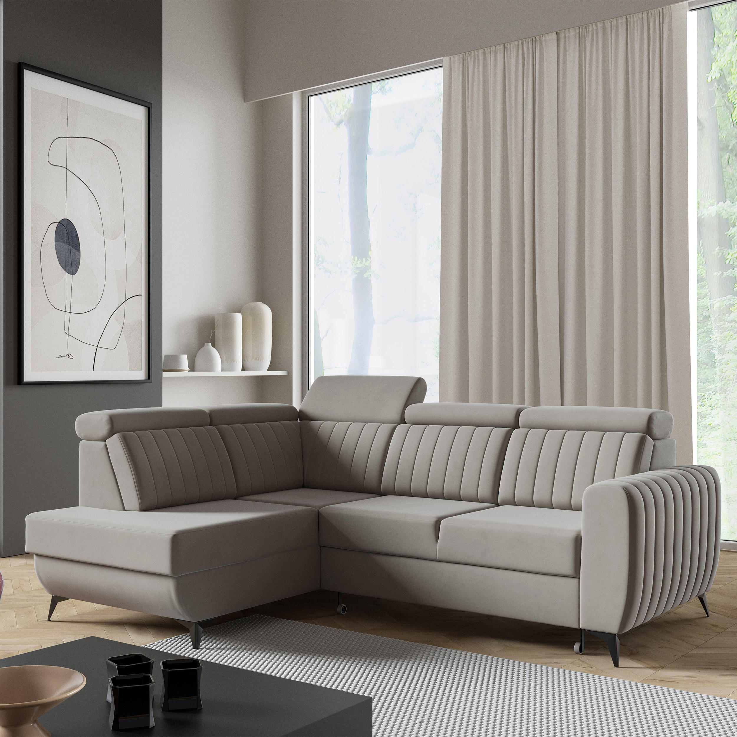 ECKSCHLAFSOFA Connor II verstellbare Kopfstützen, Dunkelbeige, links - Beige/Schwarz, Textil (268/204cm) - Beautysofa