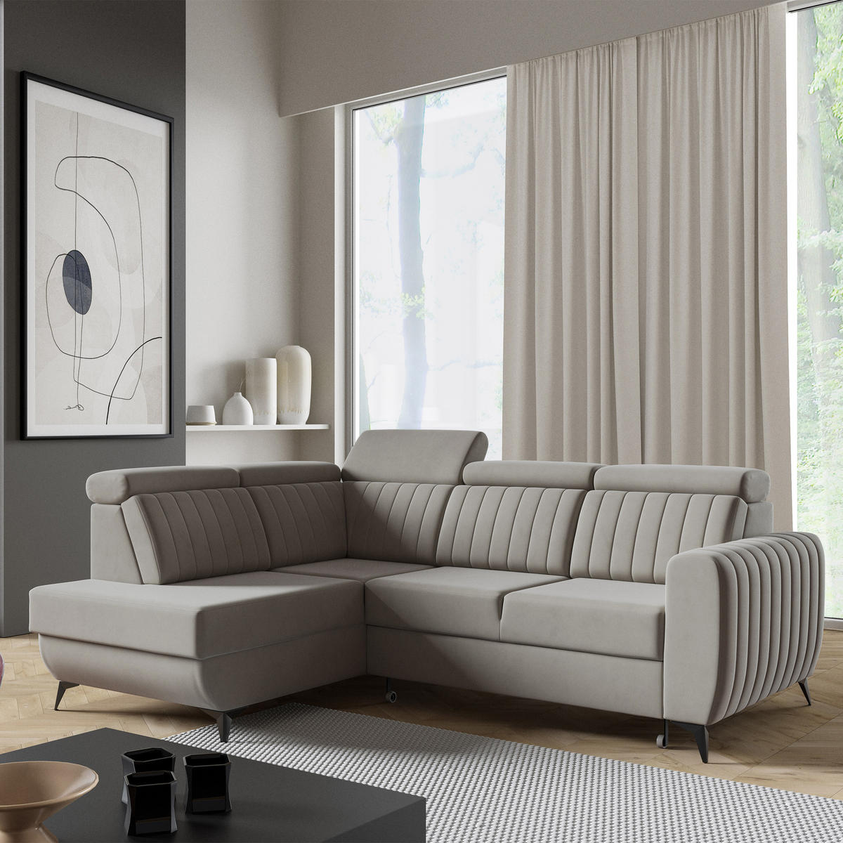 ECKSCHLAFSOFA Connor II verstellbare Kopfstützen, Dunkelbeige, links - Beige/Schwarz, Textil (268/204cm) - Beautysofa
