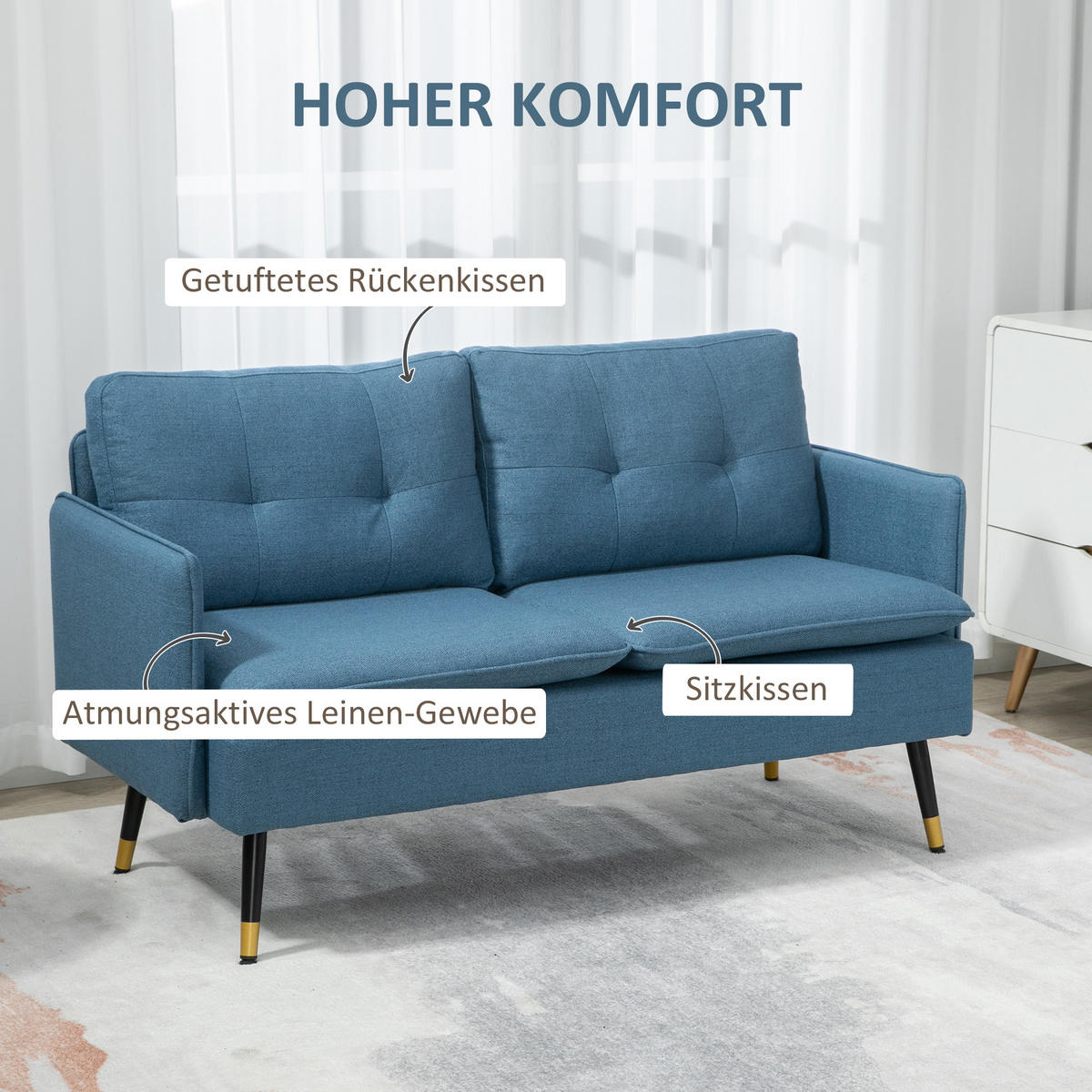 2 Sitzer Sofa, Couch mit Dickem Kissen, Leinenoptik, Polstersofa mit Stahlbeine - Blau, Kunststoff (68/80/139cm) - HOMCOM