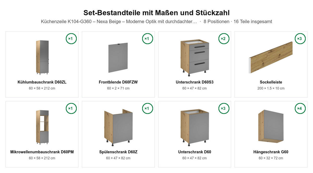INSELKÜCHE Nexa Beige – 360 cm + Insel 180 cm – K104-G360 - Beige/Schwarz, Holzwerkstoff/Metall (360/210/60cm) - ROYAL24_MARKT