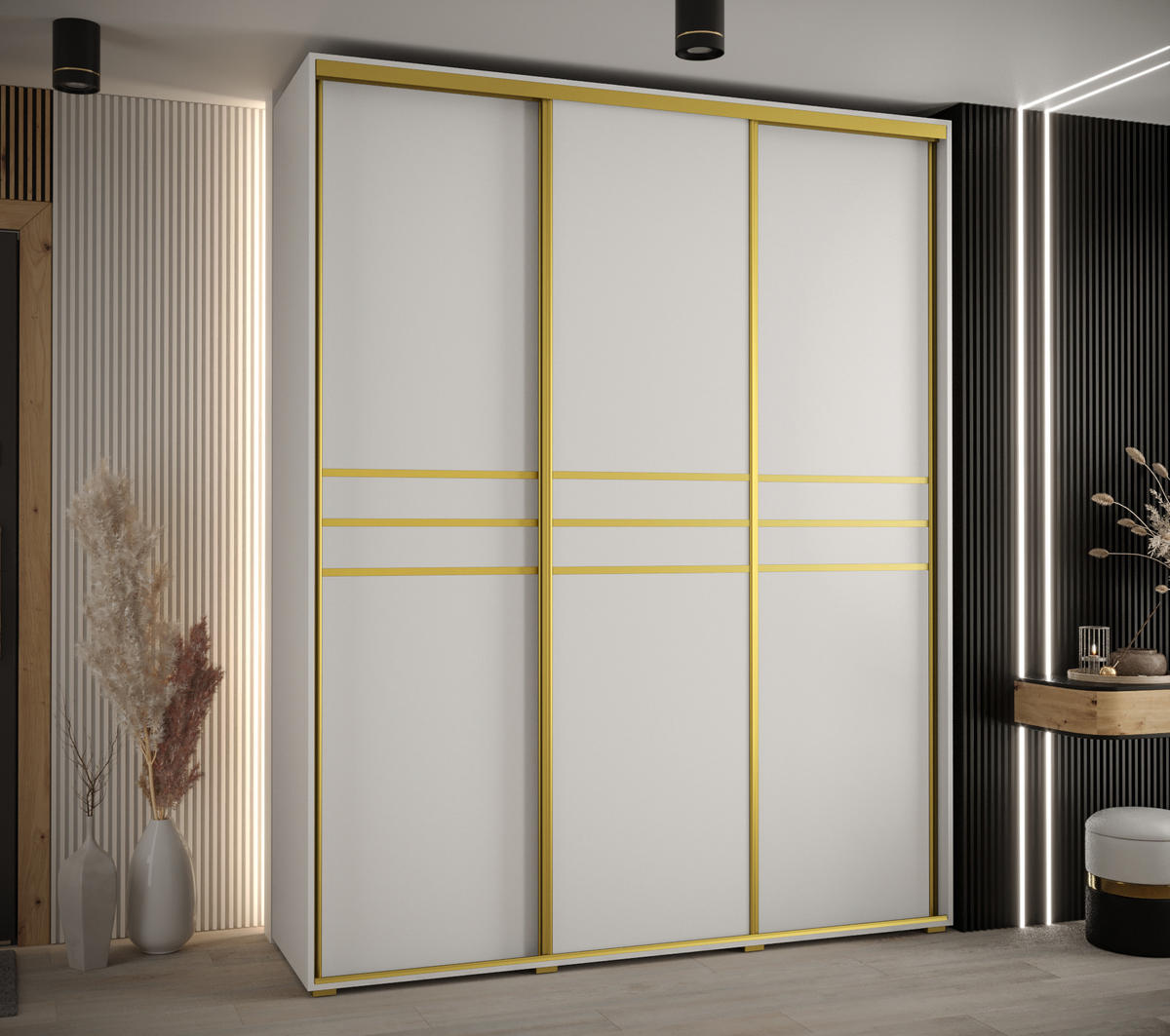 SCHWEBETÜRENSCHRANK 235,2/190/45 3-türig - Goldfarben/Weiß, Holz/Metall (190/235/45cm) - Abiks Möbel