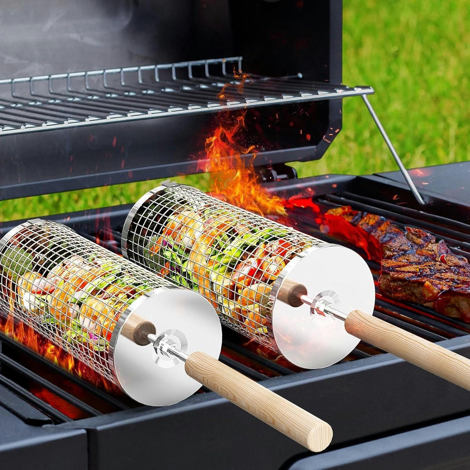 GRILLKORB 2er-Set Edelstahl mit Holzgriff - Multicolor, Metall (10/24/10cm)