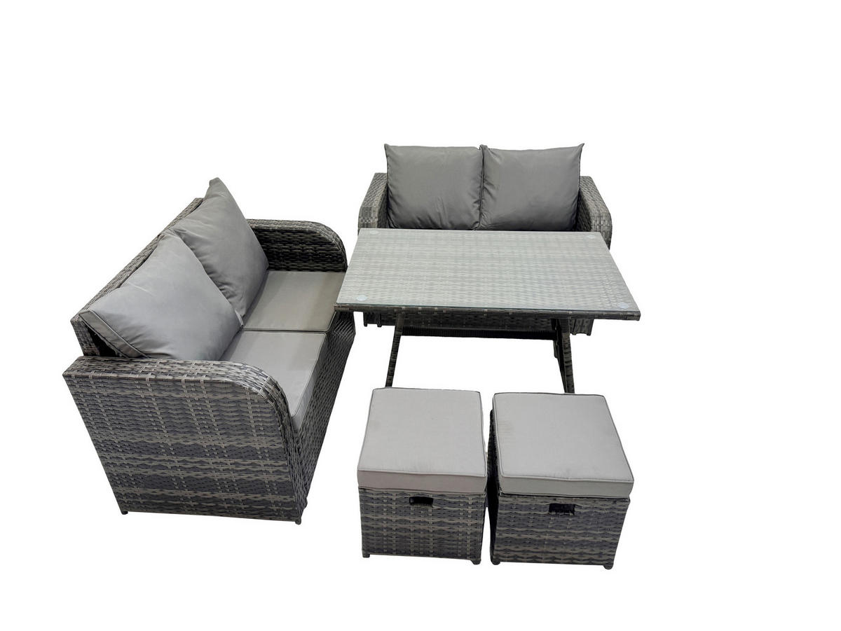 LOUNGESOFA SET mit 2 Hocker Polyrattan 6-Sitzer - Dunkelgrau/Grau, Glas/Kunststoff - Fimous