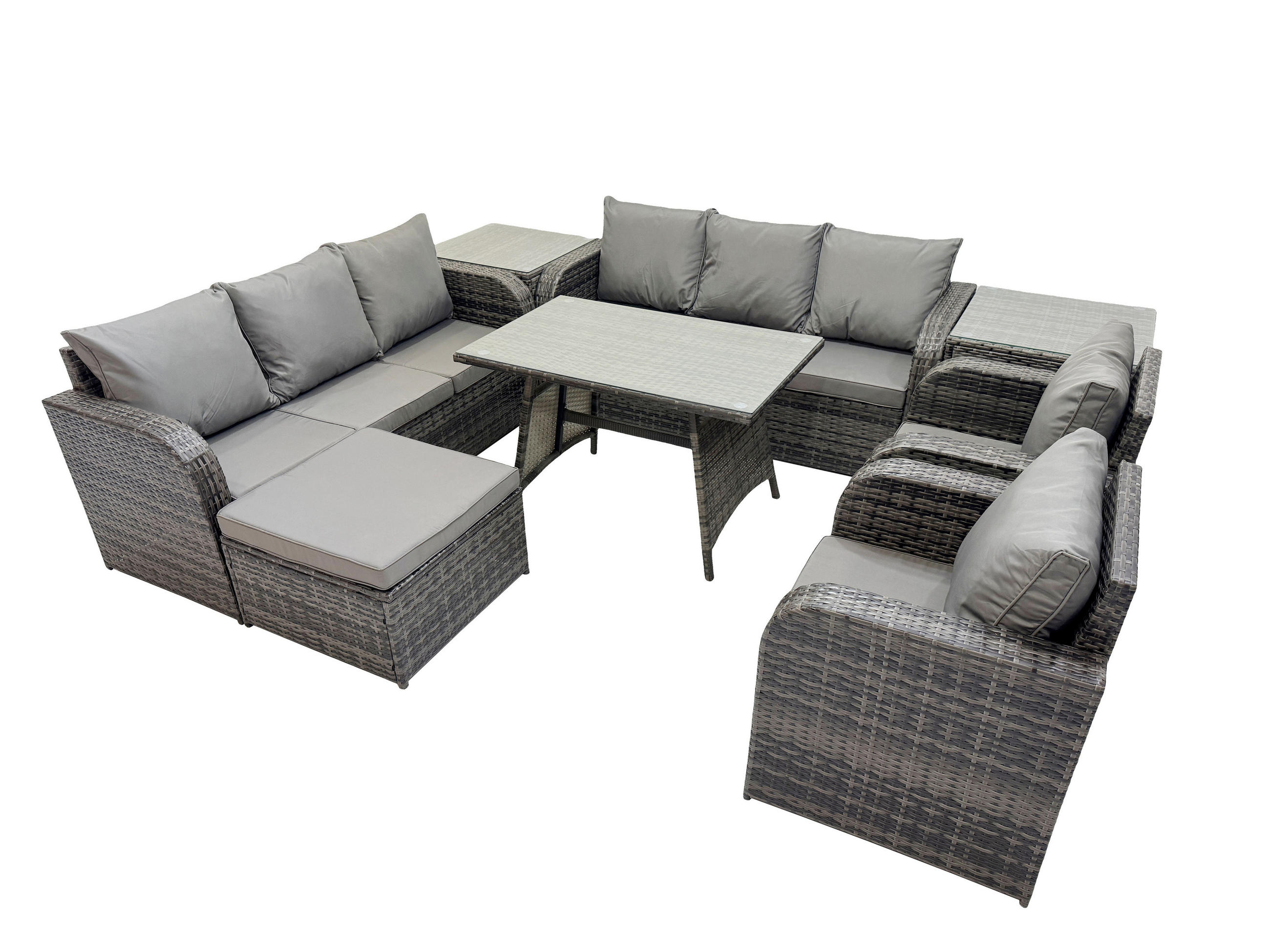 GARTENSET Hohe Rückenlehne Polyrattan 9-Sitzer - Dunkelgrau/Grau, Glas/Kunststoff - Fimous