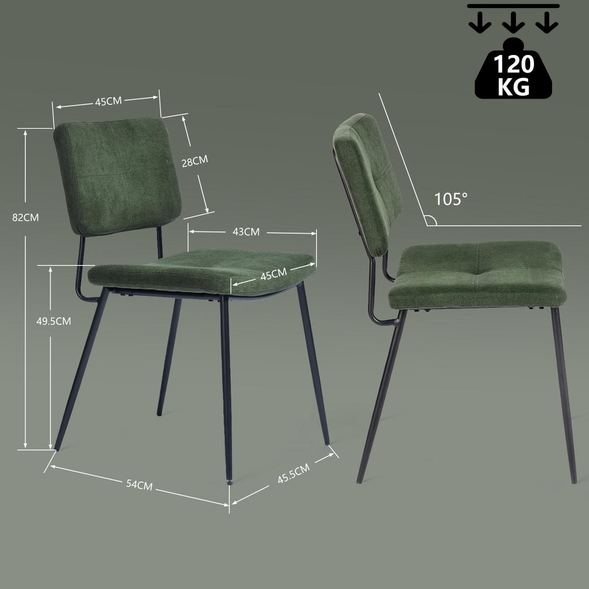 ESSSTUHL Webstoff Grün, Schwarz - Grün, Metall (54/82/45.5cm) - Meubles Cosy