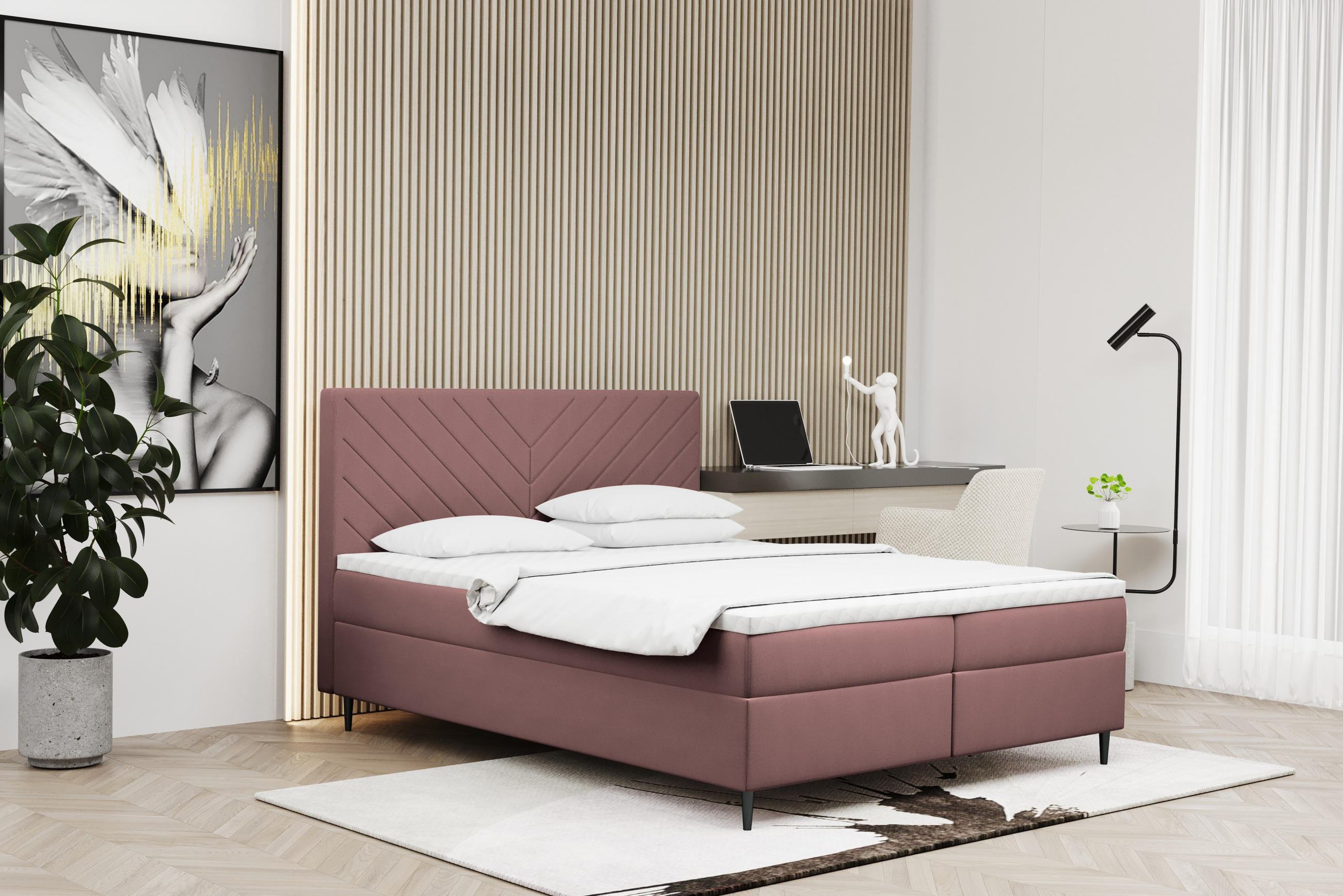 BOXBETT Mit Bettkasten Und Matratze + Topper RUGIA Stoff Velvet Rosa 140x200 cm H2-Pocket - Rosa, Holz/Holzwerkstoff (140/200cm) - Kaiser Möbel