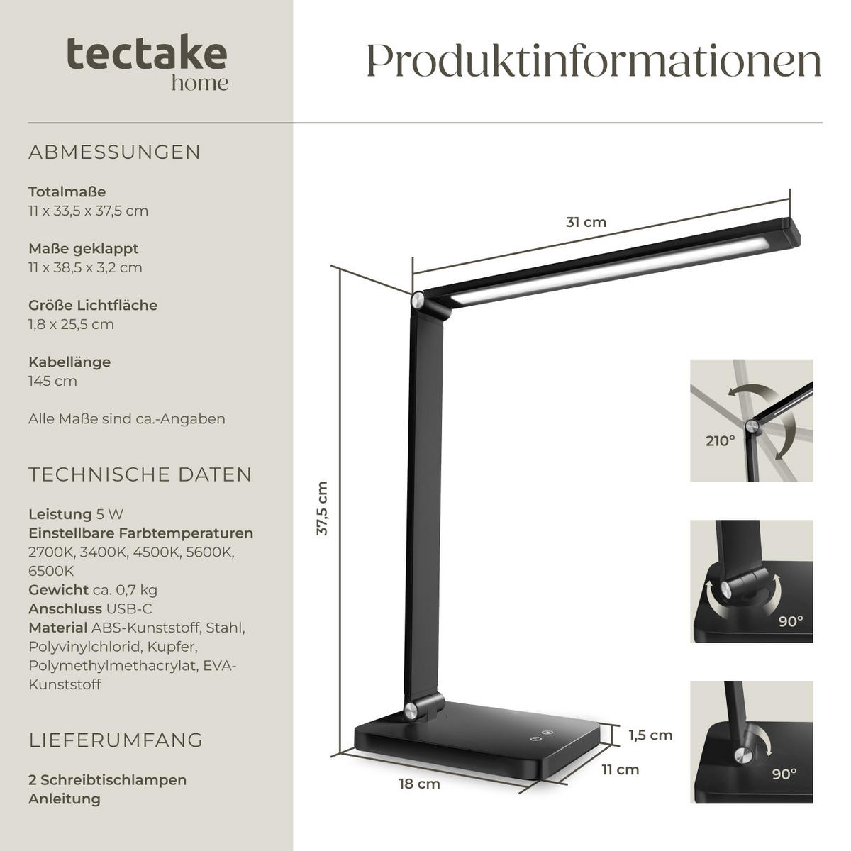 SCHREIBTISCHLAMPE Novaly,inklusive USB-Anschluss,schwarz - Schwarz, Kunststoff (33.5/11/37.5cm) - tectake
