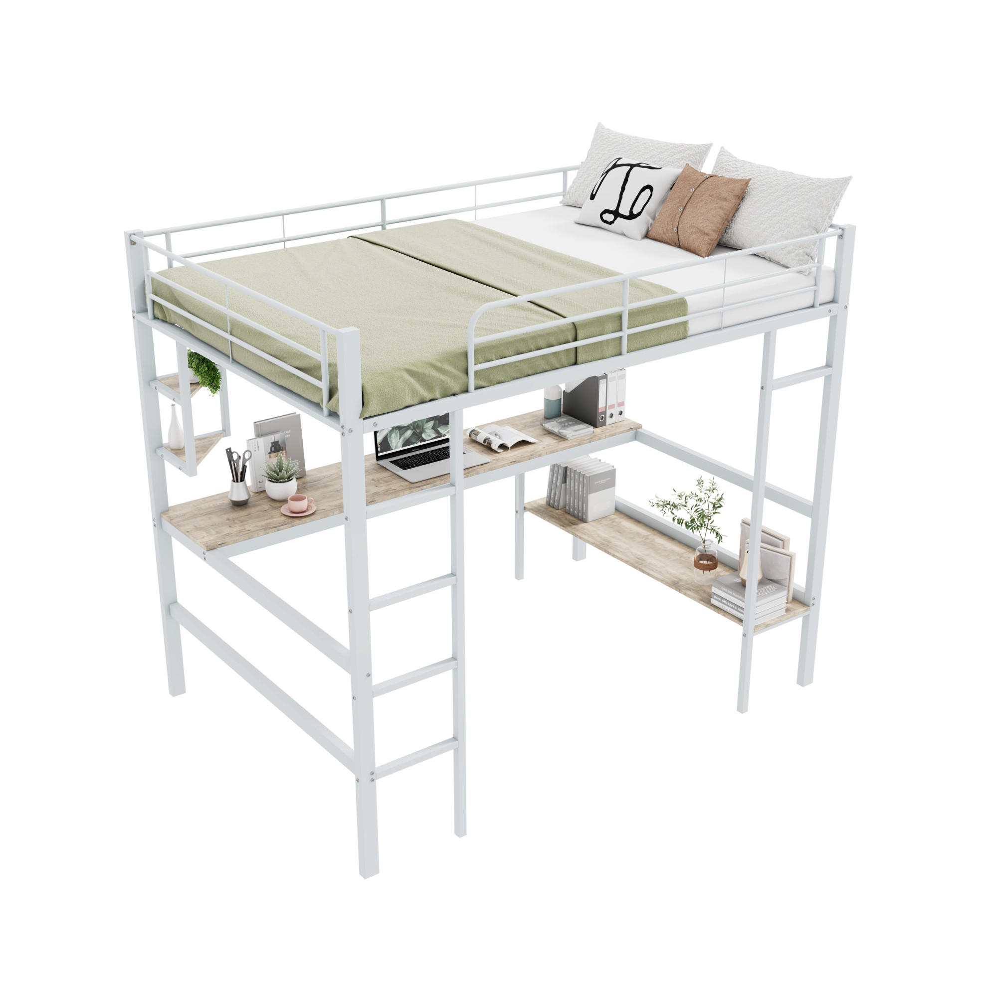HOCHBETT 140/200 cm Metallbett mit Schreibtisch und Regalen in Weiß - Weiß, Metall (140/200cm) - OKWISH