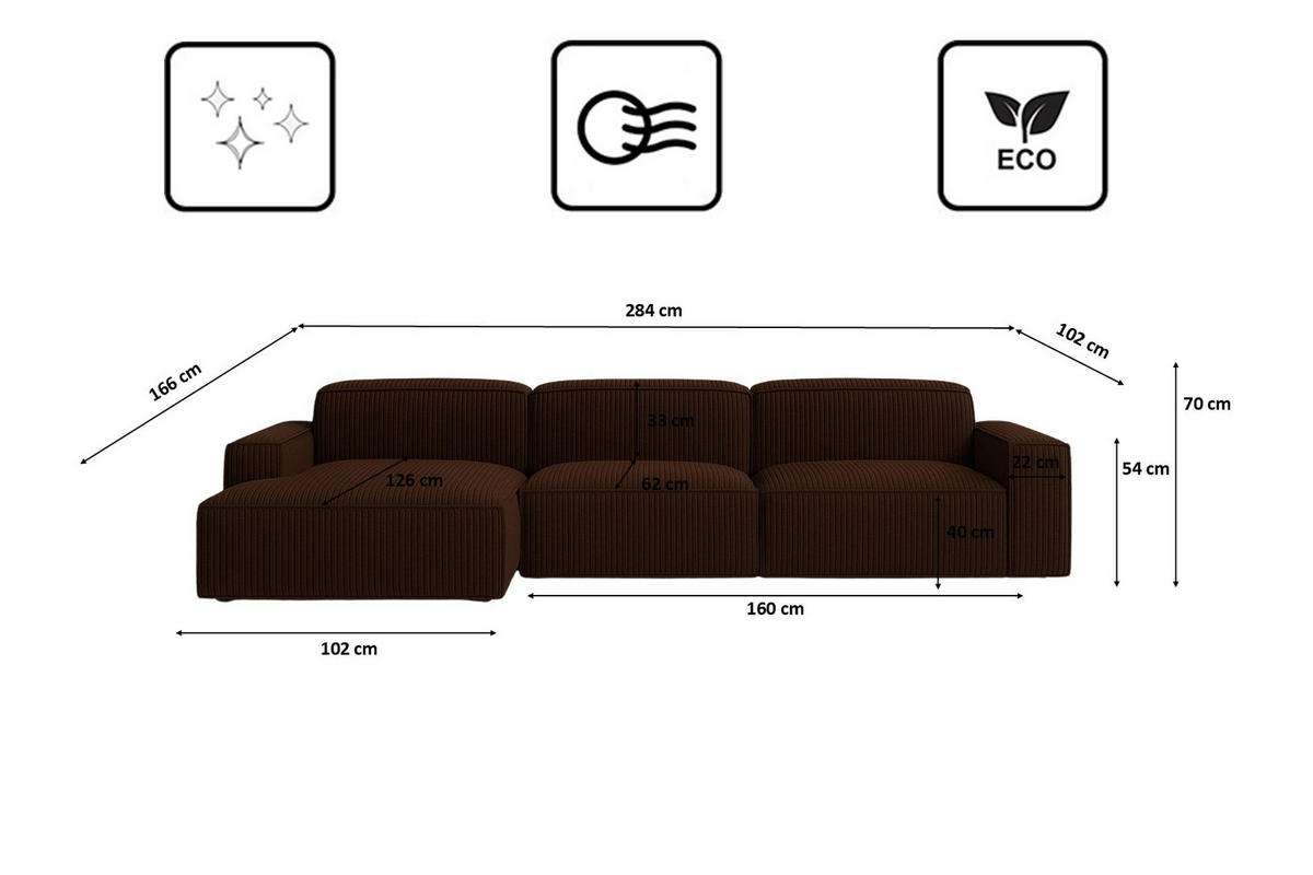 ECKSOFA Cursal L-Form, Stoff Poso, Braun, Links - Braun, Holz (284/166cm) - Kaiser Möbel