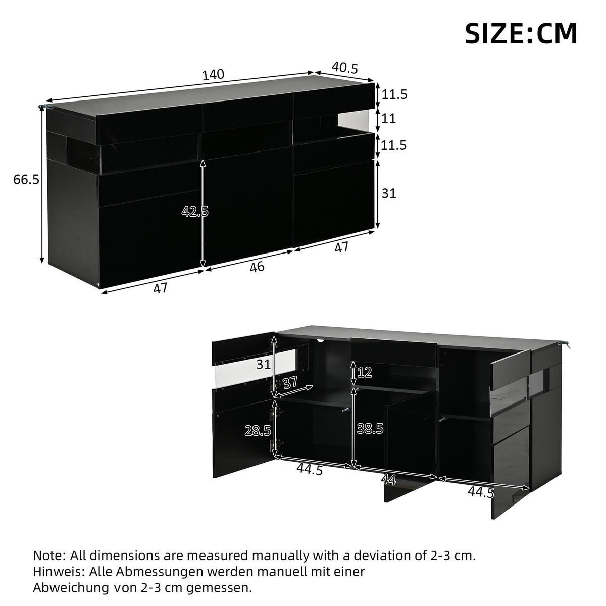 SIDEBOARD DE-37801 mit LED-Beleuchtung und 3 Türen Schwarz - Schwarz, Holzwerkstoff (140/66.5/40.5cm) - ComfortXL
