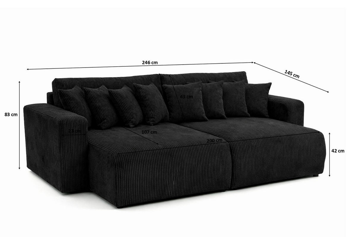 SCHLAFSOFA, Cordstoff Poso, Schwarz, PIANO DOUBLE - Schwarz, Holz (246/83/145cm) - Kaiser Möbel
