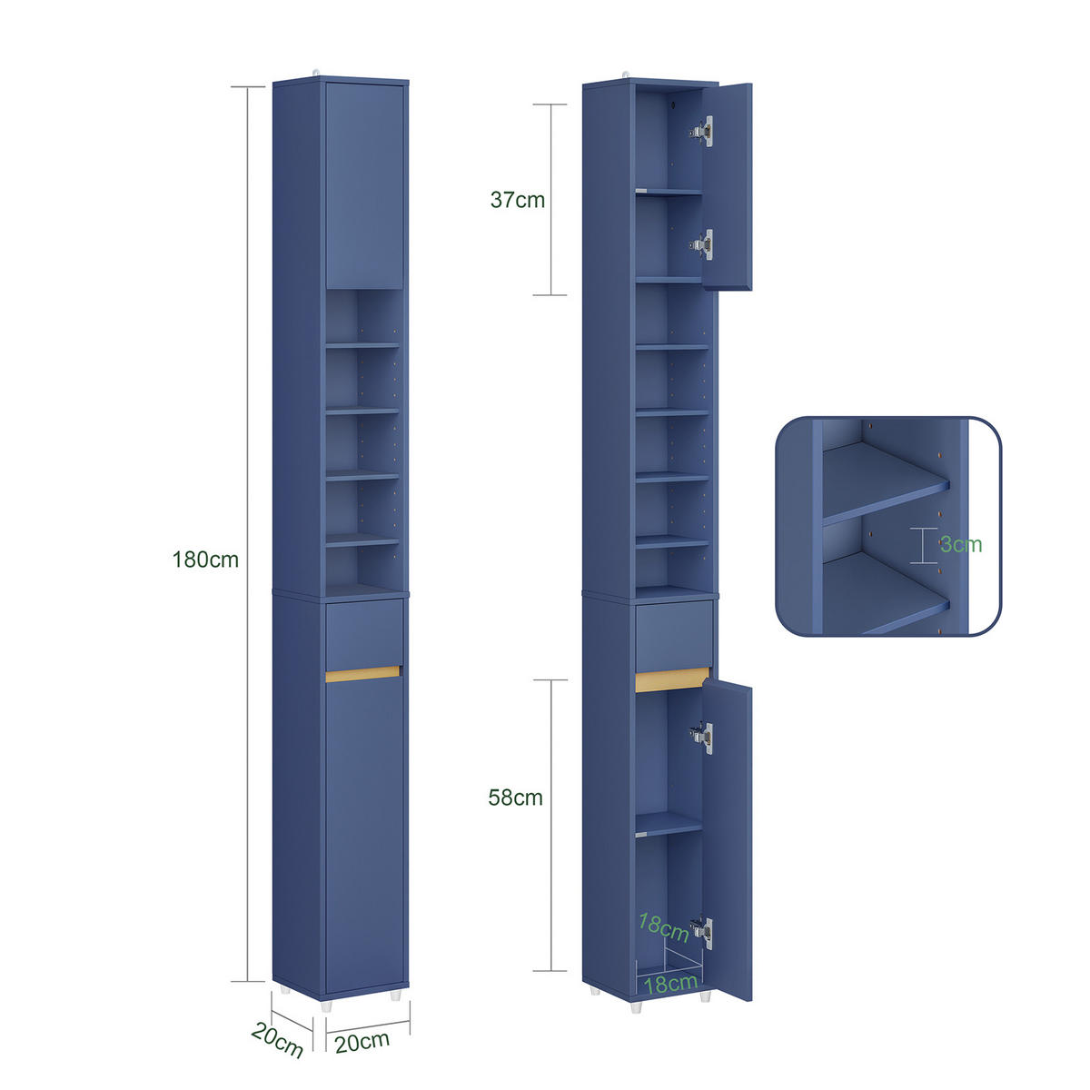 HOCHSCHRANK schmal Blau - Blau, Holzwerkstoff (20/180/20cm) - SoBuy