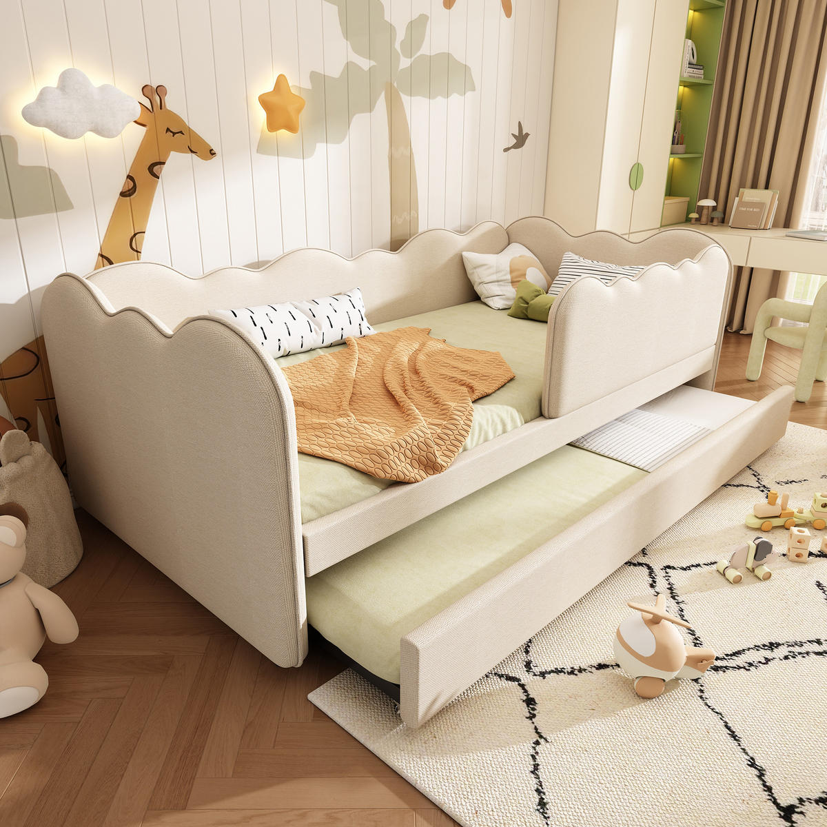 KINDERBETT 90/190 cm Beige aus Leinen mit Lattenrost und wolkenförmigem Design - Beige, Textil (90/190cm) - Flora Grace