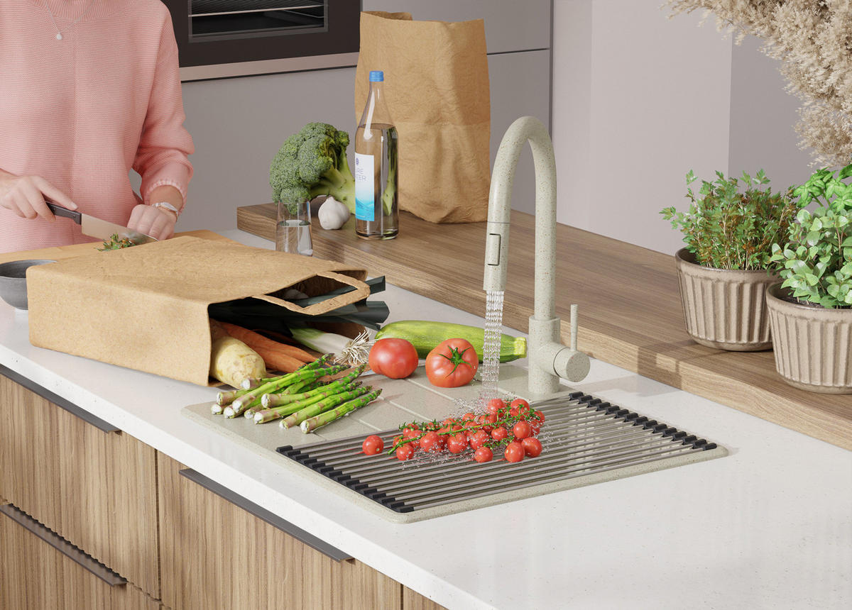 SPÜLBECKEN Kopenhagen, 2-er set Beige 55/50 cm 1 Becken + Ablauf-Set + Schneidebrett ab 40er Unterschrank - Beige, Kunststoff (55/20/50cm) - Primagran