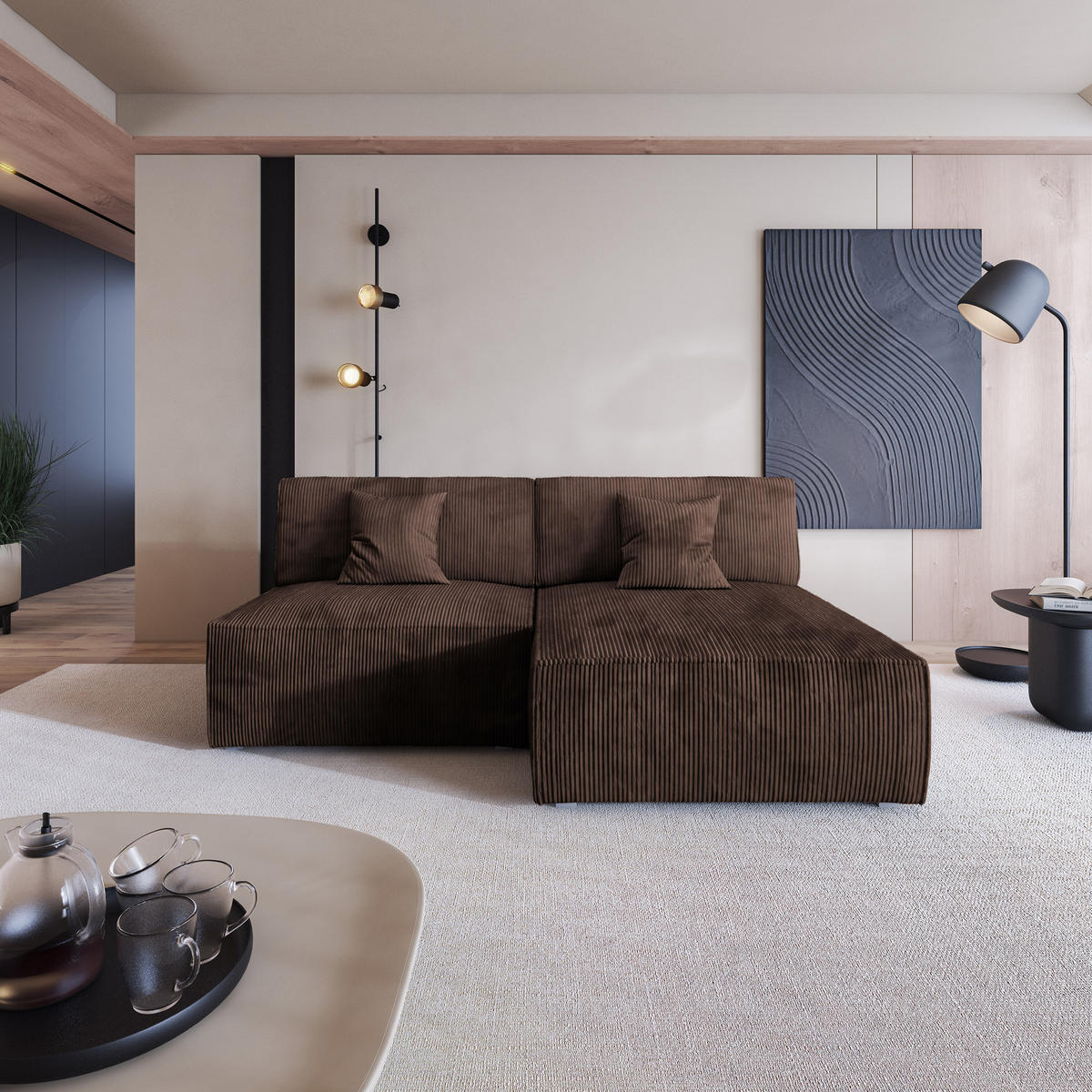 ECKSOFA FIORO P Braun Kordstoff mit Schlaffunktion - Braun/Grau, Holz/Kunststoff (204/148cm) - MASSENO