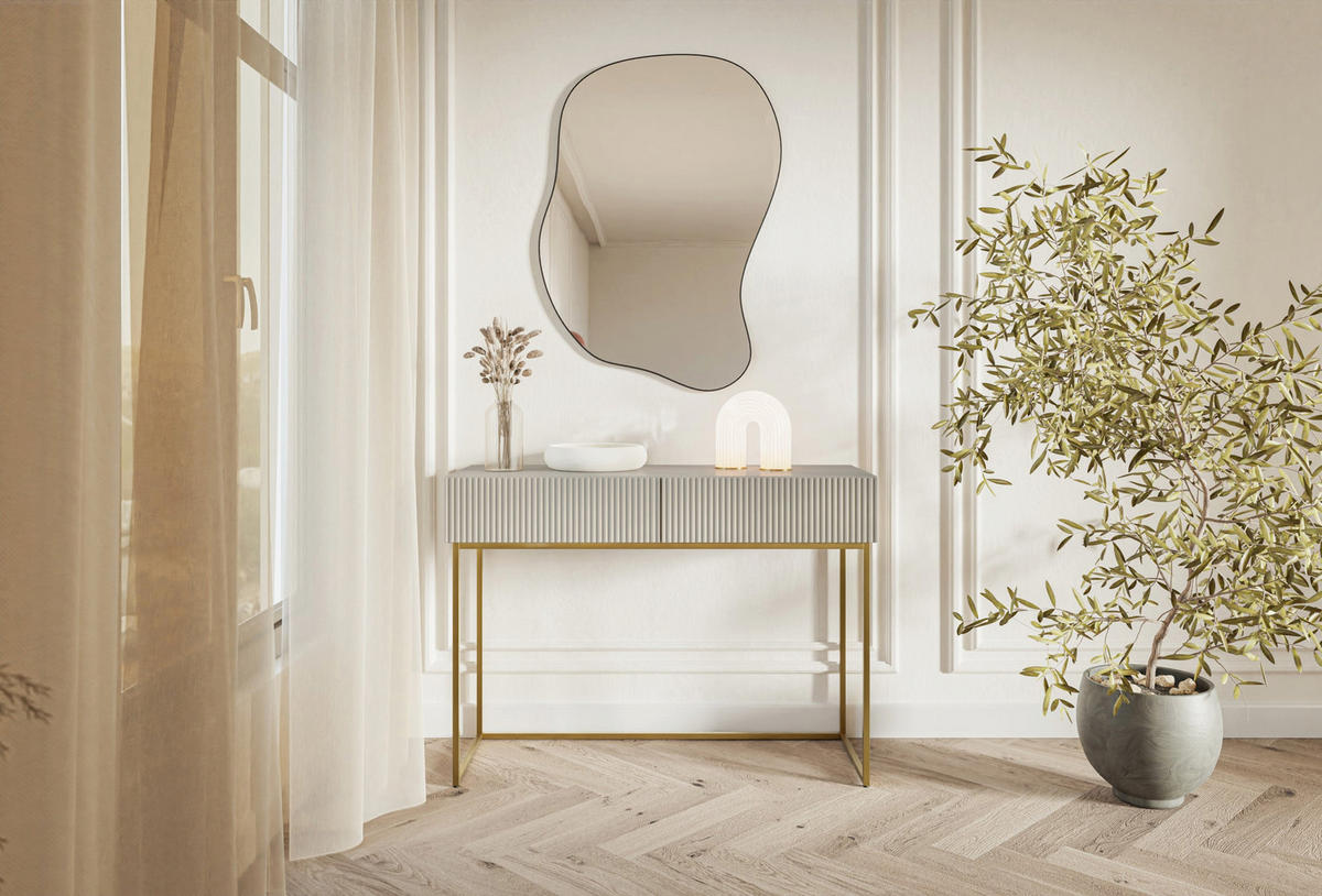 SCHMINKTISCH Veldio mit 2 Schubladen, Greige mit goldenen Beinen, 110 cm - Greige/Goldfarben, Holzwerkstoff/Metall (110/79/40cm) - Selsey