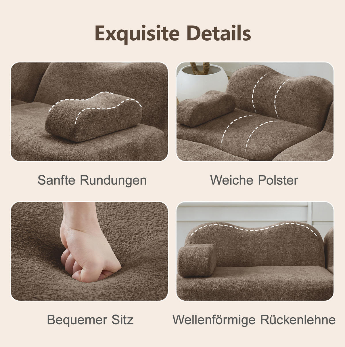 3-SITZER-SOFA aus Samt Braun rahmenlos mit tiefer Sitzfläche, beweglichem Armlehnenkissen und verbindbarem Hocker - Braun, Textil (288/70/98cm) - Modfu