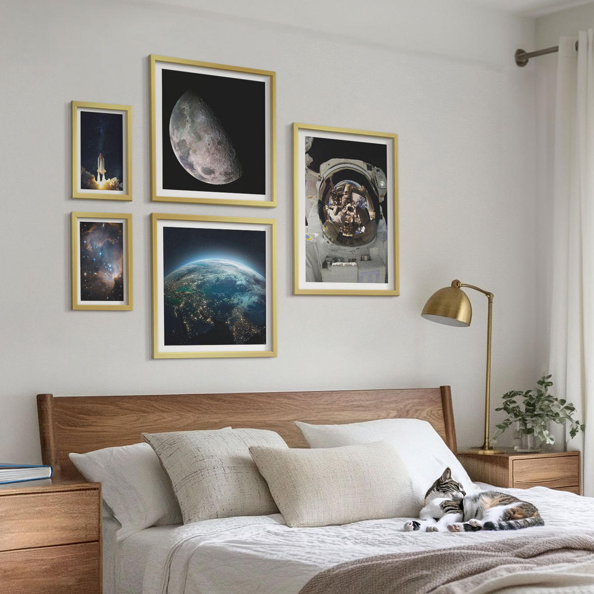 BILDER SET 5er Set - 50x50 cm & 20x30 cm & 40x60 cm Goldrahmen - Weltraum Erde Rakete Galaxie - Goldfarben, Kunststoff (40/60cm) - TULUP