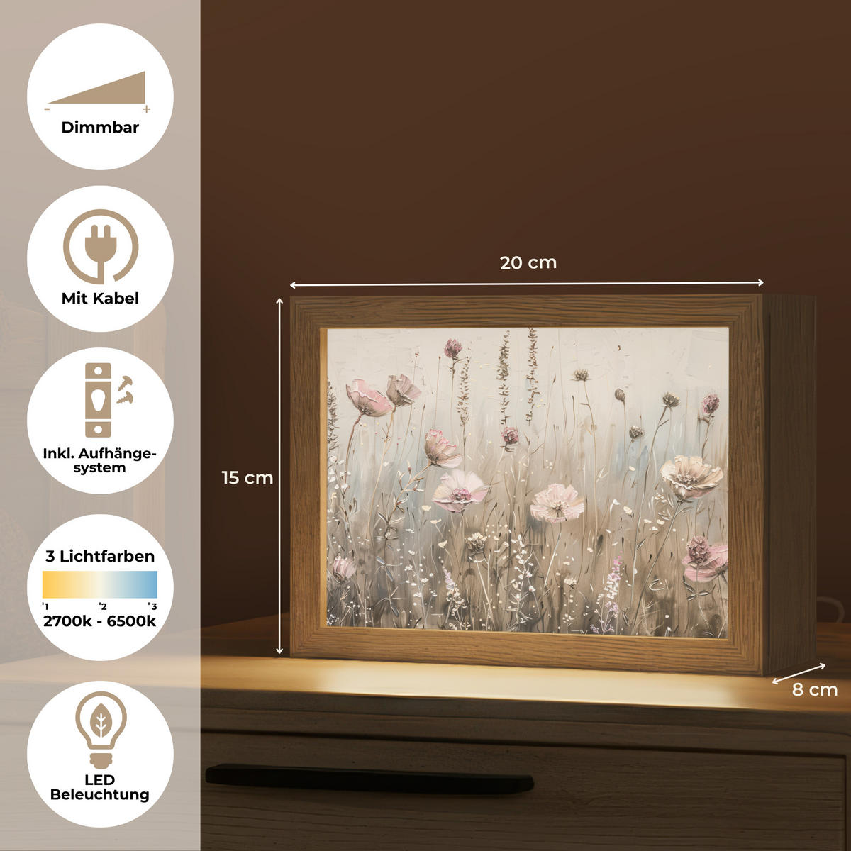 TISCHLEUCHTE Blumen - Rosa - Modern - Beige 20x15 cm - Akaziefarben, Holzwerkstoff (8/20/15cm) - OnlyWow