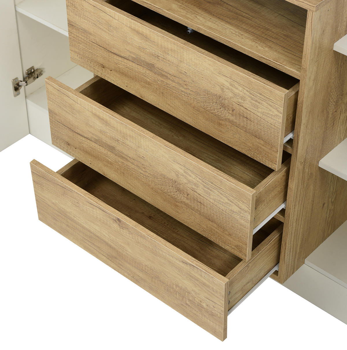 SIDEBOARD aus MDF in Hochglanz mit Holzoptik, 2 Türen, 3 Schubladen, mehrfarbiges LED-Strip, 140/30/77,5 cm, Weiß - Weiß, Holzwerkstoff (140/77.5/30cm) - Redom