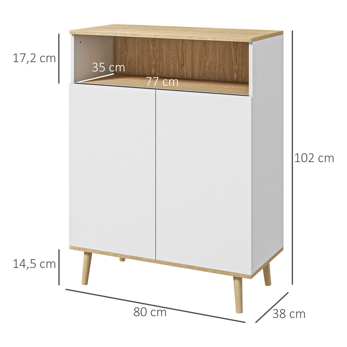SIDEBOARD Weiß und Eiche-Nachbildung, 2 Türen, 80/38/102 cm - Weiß, Holz (80/102/38cm) - PANGIVO