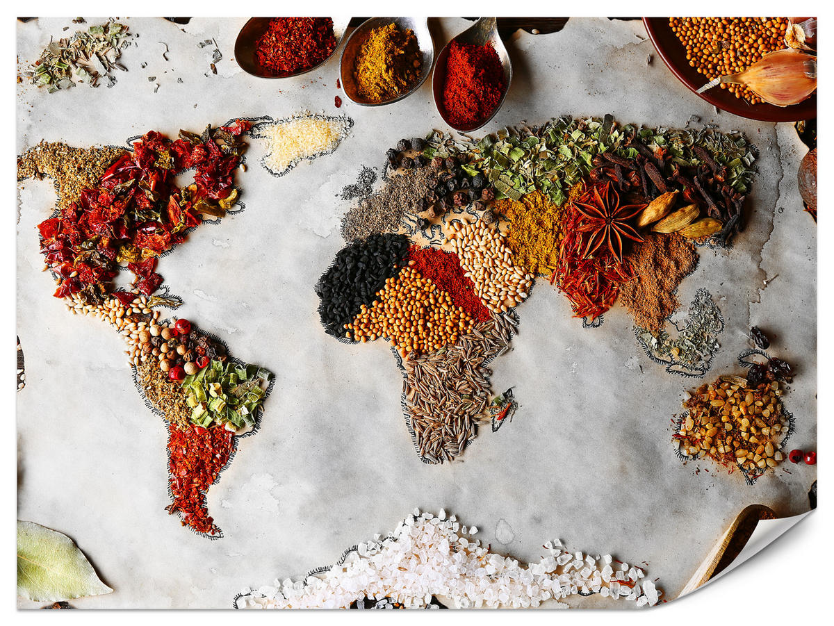 FOTOTAPETE für Küche Gewürz-Weltkarte Kulinarisch Kunst 350x256 - Beige/Gelb, Papier (350/256cm) - Muralo
