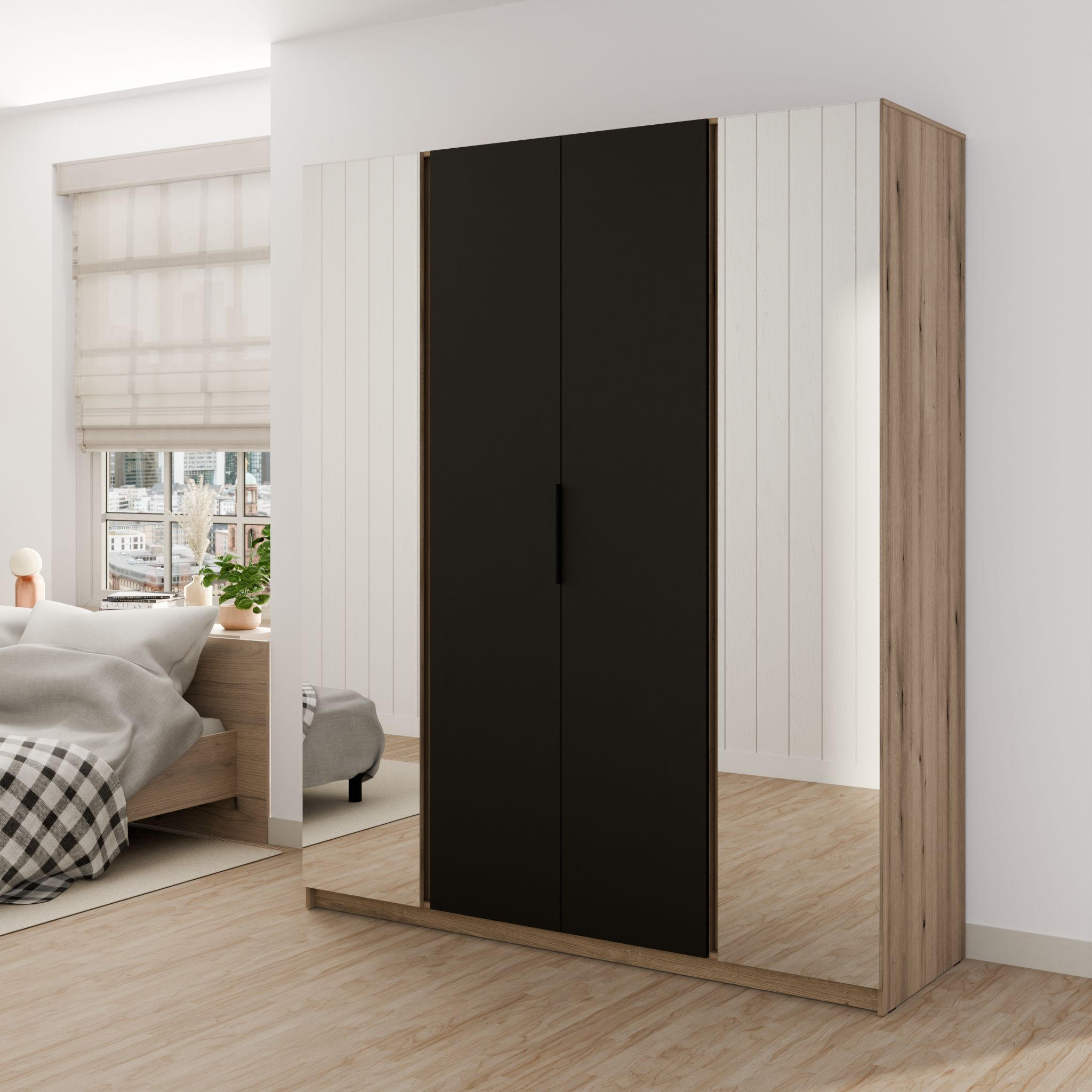 DREHTÜRENSCHRANK CAGLIARI 200/239/61,9cm 4-türig mit Spiegel Goldfarben - Goldfarben/Schwarz, Holzwerkstoff (200/239/61.9cm) - MASSENO