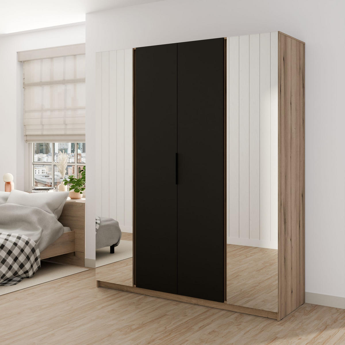 DREHTÜRENSCHRANK CAGLIARI 200/239/61,9cm 4-türig mit Spiegel Goldfarben - Goldfarben/Schwarz, Holzwerkstoff (200/239/61.9cm) - MASSENO