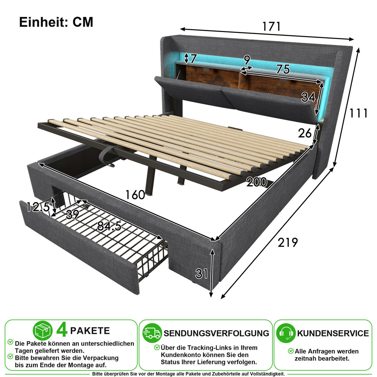 POLSTERBETT 160/200 cm in Grau mit Leinen mit Schublade, LED, USB und Matratze - Grau, Holzwerkstoff/Textil (160/200cm) - CHICFURN