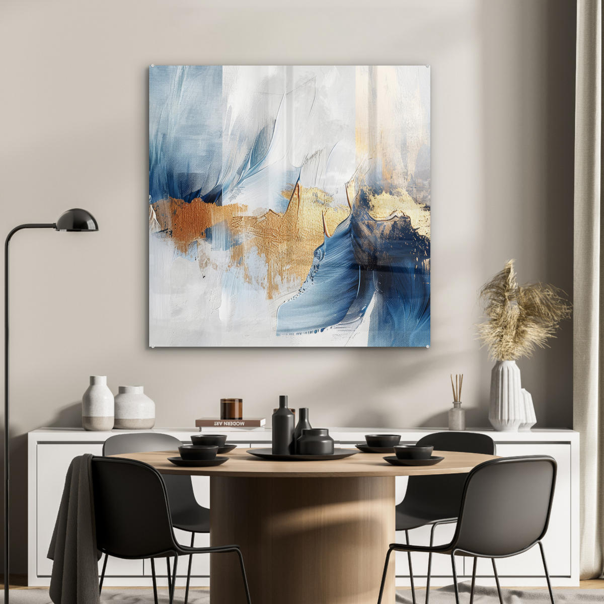 ACRYLGLASBILD Gold - Blau - Aquarell - Kunst - Modern 90x90 cm - Hellblau, Glas (90/90cm) - MuchoWow