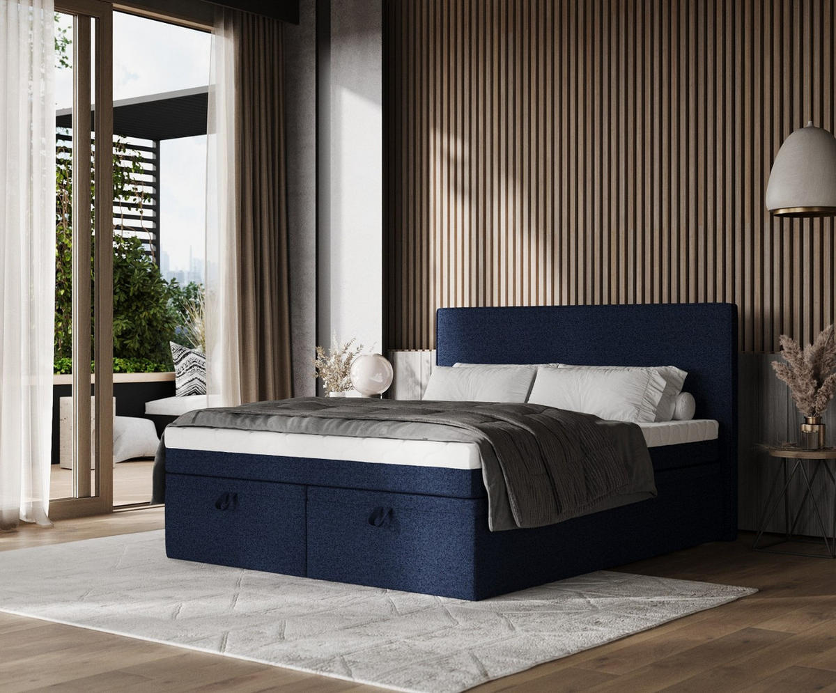 BOXBETT Zalla 200/200 cm Marineblau im Riva Stoff - Schwarz/Dunkelblau, Holz/Holzwerkstoff (200/200cm) - AltaBeds