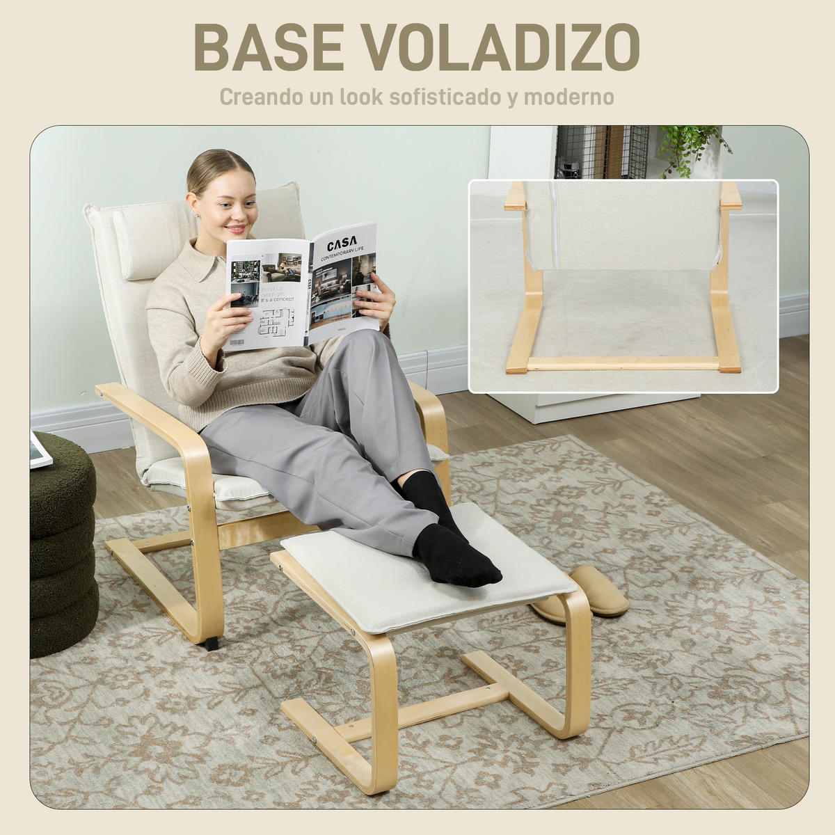 LESESESSEL hohe Rückenlehne abnehmbare Kopfstütze Holzbeine cremefarben Leinenbezug - Creme, Textil (78/92/67cm) - Vallsero
