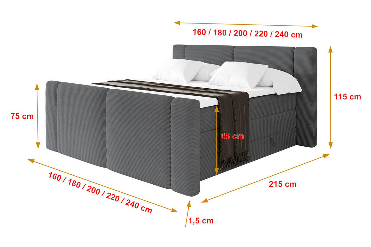 BOXSPRINGBETT mit Matratze H3/H4 - EVON KING Zanozek - 140x200 cm Dunkelgrau - Graphitfarben, Holzwerkstoff (140/200cm) - ALTDECOR