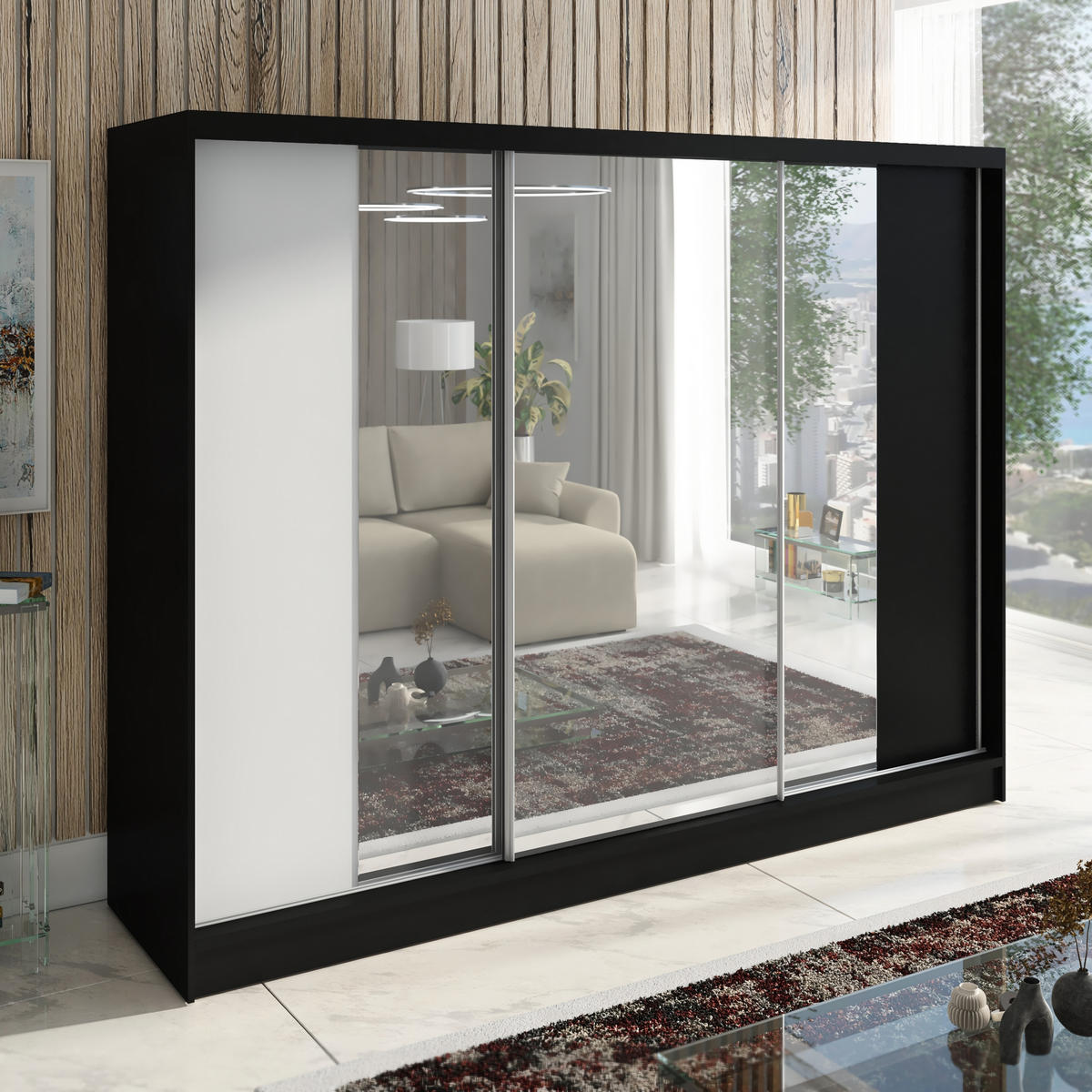 SCHWEBETÜRENSCHRANK 200 CM VIDA Farbe: Schwarz, Weiß, Schwarz - Schwarz/Weiß, Holzwerkstoff (200/215/60cm) - A&J MöbelLand