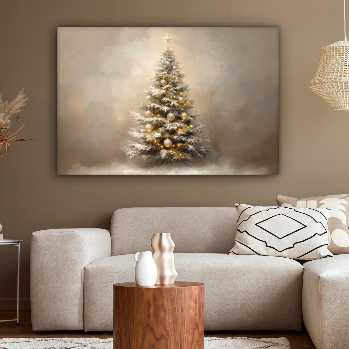 LEINWANDBILD Weihnachten - Weihnachtsbaum - Schnee - Kunst Wohnzimmer 120x80 cm - Champagner, Textil (120/80cm) - MuchoWow