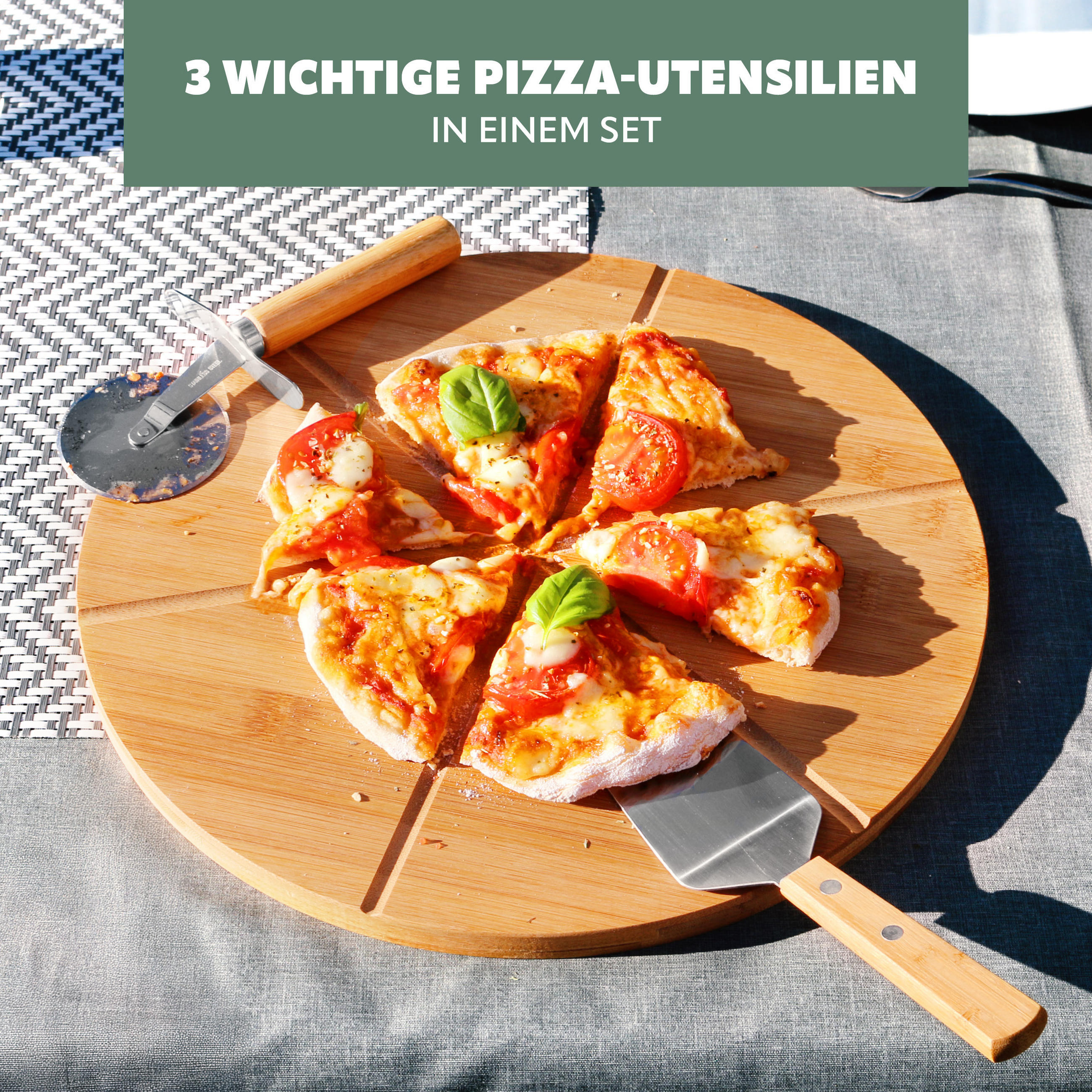 PIZZASERVIER 3er-Set, Edelstahl und Bambus - Braun, Holz (33/33cm) - bremermann